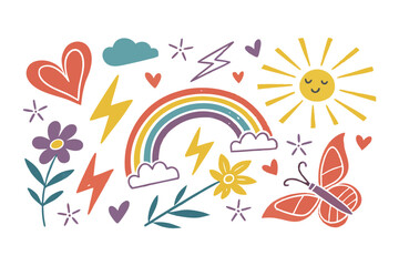 Hand-Drawn Crayon Doodle Set: Playful Hearts, Stars, Clouds, Rainbow, Lightning, Flowers, Arrows, Notes, Sun, Moon, Butterfly, and More in a Fun Childlike Artistic Style Vector Illustration