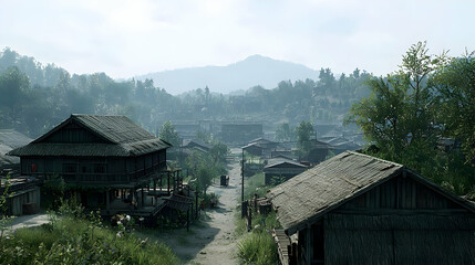Serene Rural Village Landscape With Wooden Buildings And Mountain Background Under Clear Daylight Sky
