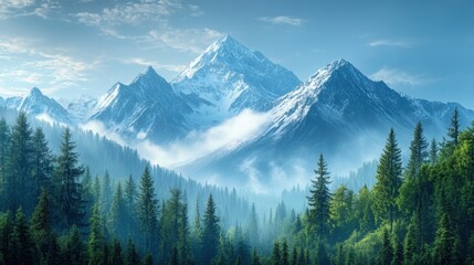 Obraz premium A majestic mountain range wallpaper with snow-capped peaks, pine trees, and mist rolling through the valleys, evoking adventure and peace