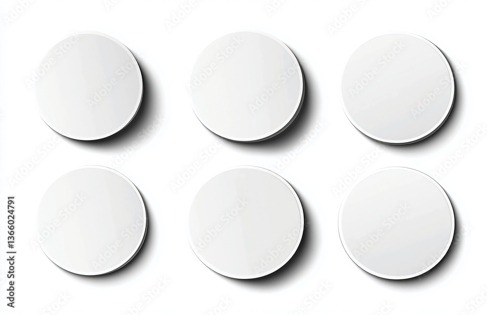 Poster arrangement of six white circular shapes with soft shadows on a white background in a grid pattern