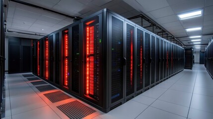 Data Center Infrastructure: Rows of Servers and Racks with Red Lights for Security