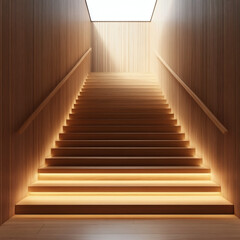 Fototapeta premium Modern Wooden Staircase Interior Background with LED Lighting