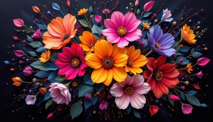 Abstract Floral Explosion A stunning abstract composition where bold, colorful flowers burst outward, with petals floating away in a harmonious dance