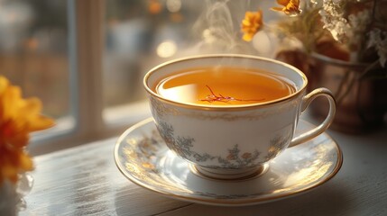 A cup of delicate porcelain, embellished with a floating strand of saffron, exuding elegance, holds golden saffron tea.