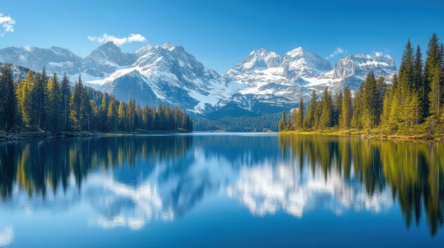 A tranquil mountain scene wallpaper with a calm lake reflecting snow-covered mountains and pine forests under a clear blue sky