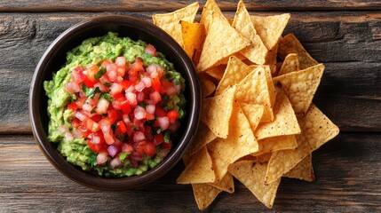 A rustic wooden table sets the scene for a delightful bowl of freshly made guacamole and pico de gallo, accompanied by crispy tortilla chips, providing space for descriptive text.