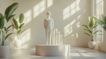A solitary 3D figure presenting a bar chart in a clean, modern room, soft lighting and minimal decor