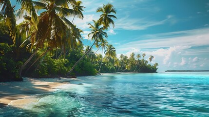 A hidden tropical paradise with a turquoise lagoon and exotic palm trees swaying in the breeze