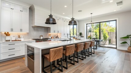 Modern kitchen with white cabinets and a large island