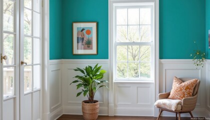 Bold Color Contrast A stylish room showcasing a vibrant teal wall contrasted with bright white wainscoting