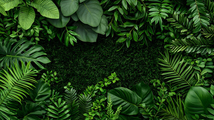 Fototapeta premium Variety Of Lush Tropical Plants On Wall
