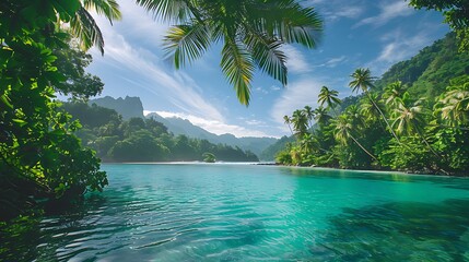 A hidden tropical paradise with a turquoise lagoon and exotic palm trees swaying in the breeze