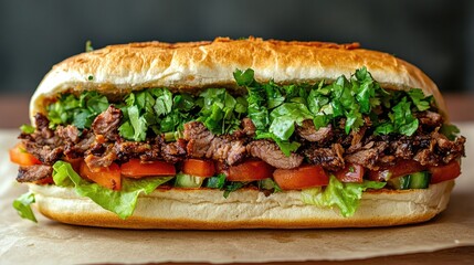 A close-up detailed of a Mexican torta featuring carne asada, lettuce, and tomatoes, presented against a clean white background, creating an inviting visual with room for copy.
