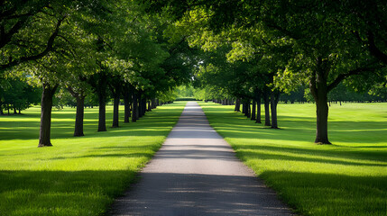 Fototapeta premium Long stone path leads through rows of green trees with sunlit grass and a clear sky