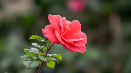 Fototapeta premium Vibrant Red Rose Flower Blooming with Delicate Petals and Fresh Water Droplets on Green Stem in Soft Focus Background