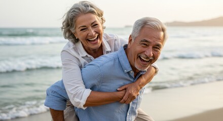 A mature couple enjoying a piggyback ride on a sandy beach with ocean waves and bright sunlight behind them