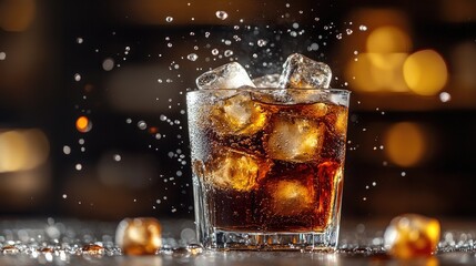 A close-up shot capturing ice cubes cascading into a glass of cold brew coffee, creating a dramatic splash effect against a moody, dark backdrop.
