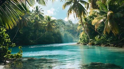A hidden tropical paradise with a turquoise lagoon and exotic palm trees swaying in the breeze