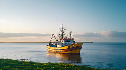 Obraz premium Yellow Fishing Boat Sailing on Calm Blue Sea Under a Clear Sky During Daytime
