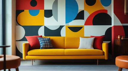 A wallpaper featuring a repeating graphic design of abstract circles and squares in bold primary colors, giving a playful, energetic vibe