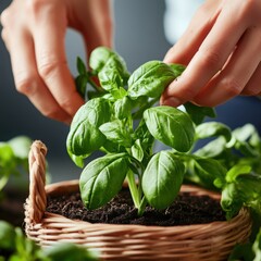 Person hands gently tending to seedlings in a lush garden.