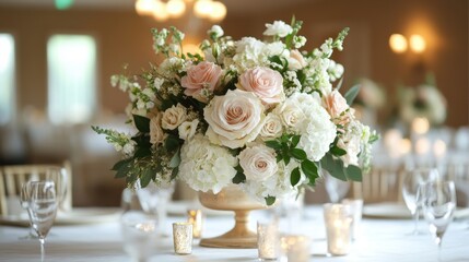 Obraz premium A floral centerpiece composed of roses and other flowers on table