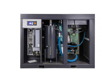 Powerful industrial air compressor with visible internal components, including the tank, pipes, and...