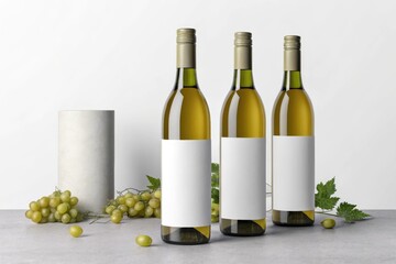 Obraz premium White Wine Bottles Displayed With Grapes and Vase Generative AI