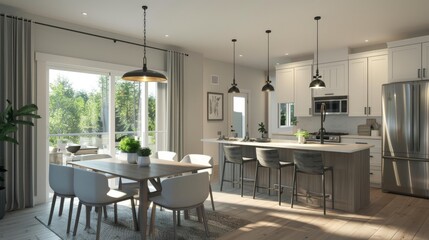 Open-concept kitchen with dining area and pendant lights