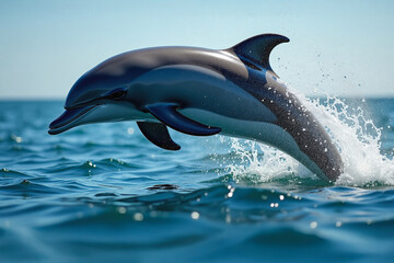 Fototapeta premium A dolphin leaps joyfully from the sparkling ocean surface on a sunny day, capturing energy and freedom. Generative AI