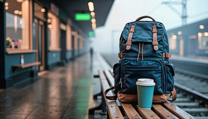 Obraz premium Travel essentials: backpack and coffee to go rest on a station bench on a misty morning or evening. Atmospheric scene of waiting, commute, or journey