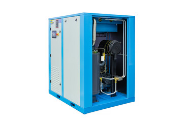 Side view of a large, blue and grey industrial air compressor with open panels, revealing its...