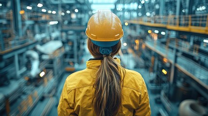 Woman engineer overlooking factory floor, industrial complex, manufacturing, future technology, progress