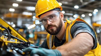 Focused Male Industrial Worker Inspecting Machinery in a Factory