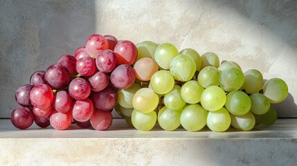 A bunch of fresh red and green grapes resting on a neutral surface is beautifully illuminated with natural light, drawing attention to their freshness and texture.