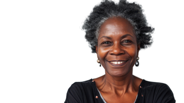 Smiling senior african american woman posing on transparent background