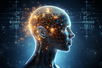 Vibrant cyberpunk fractal patterns  glowing ai nodes in a grunge art human head silhouette