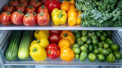 A stocked refrigerator, organized and freshly cleaned, exemplifying vibrant, fresh produce and healthy living.