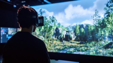 An AI driven game engine creating immersive virtual worlds with realistic environments and characters for video games, Gaming technology style, photo of