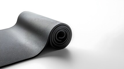 A black yoga mat is rolled up and laying on a white background