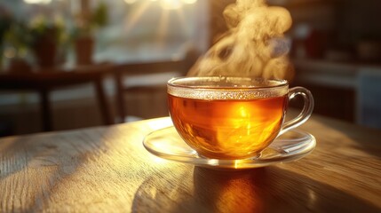 An inviting atmosphere is created by a freshly poured cup of golden herbal tea with gently rising steam.