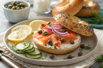 Fresh Bagel With Smoked Salmon and Toppings on a Plate Generative AI