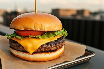 Juicy burger with melted cheese, fresh lettuce, and tomato on bu