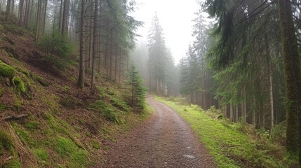Fototapeta premium A tranquil, mist-covered forest path lined with tall trees and lush greenery, inviting exploration.