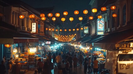 Night Market Street Scene Filled With People And Glowing Lanterns