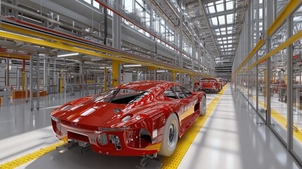 Red Sports Cars on Assembly Line: Precision Manufacturing in Automotive Factory with Advanced Robotics & Automation