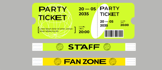 Event ticket for parties, music festival, dance festival. Security bracelets for entrance. For staff and fan zone. Neon color. Modern design. Futuristic style. With wireframe element. Printable.