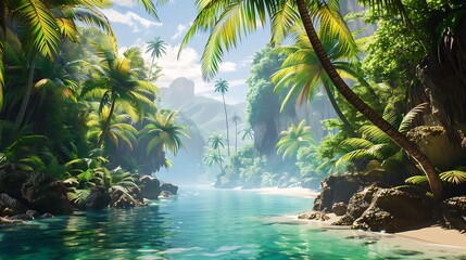 A hidden tropical paradise with a turquoise lagoon and exotic palm trees swaying in the breeze
