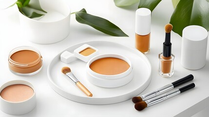 Cosmetic application techniques beauty studio product display minimalist environment overhead view enhancing makeup skills