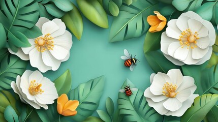 Tropical Bloom & Buzz: Floral Delight with Honeybee Charm on Teal Backdrop